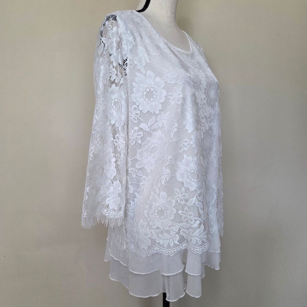 Fair Lay 10 Lace Dressy Layered Pullover 3/4 Sleeve Scoop Neck Blouse Top Ivory - Picture 9 of 16